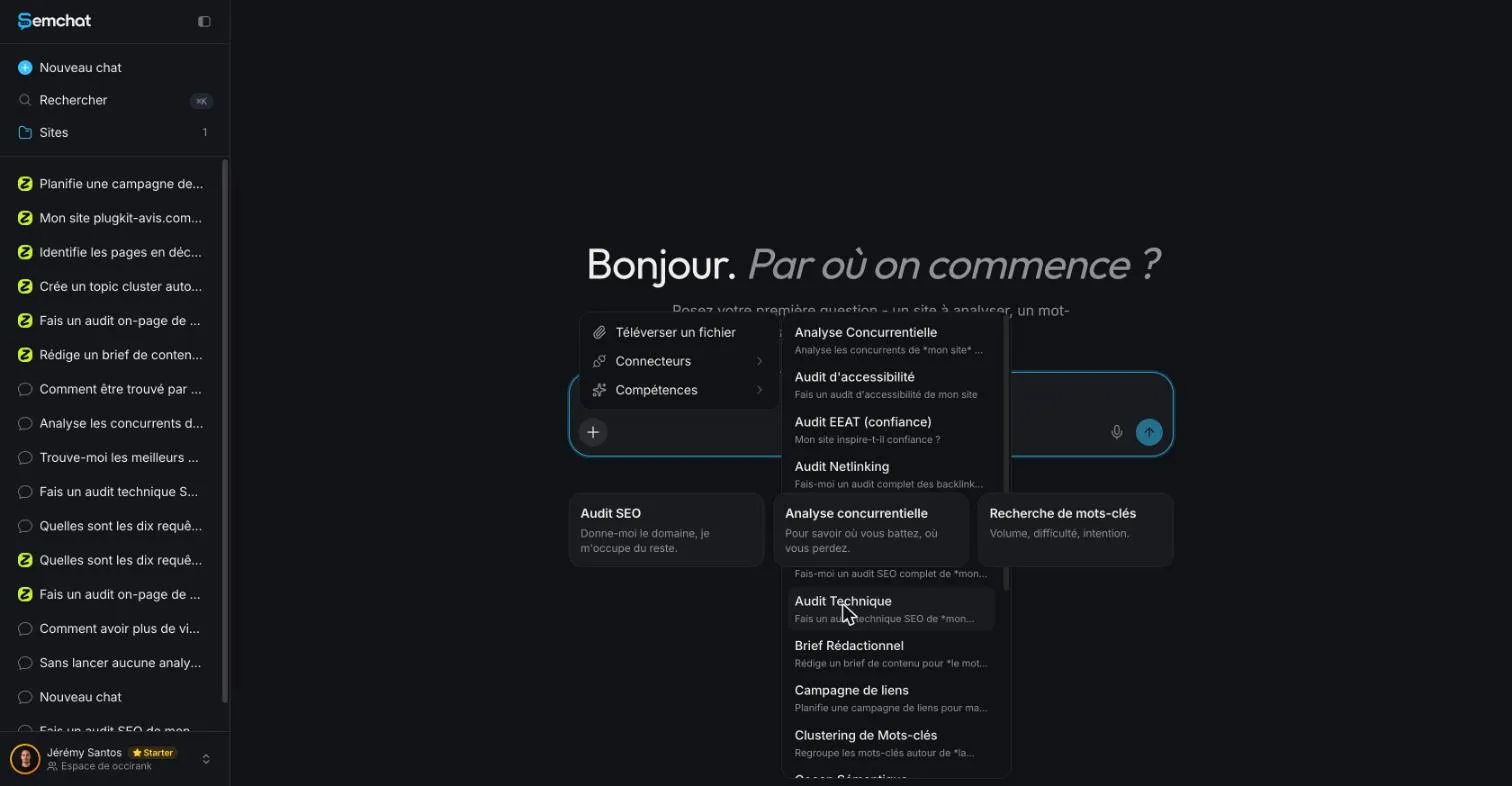 Menu des compétences de SemChat ouvert, le curseur posé sur la compétence Audit technique