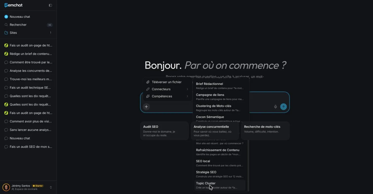 SemChat skills menu with the Cocon Sémantique entry listed above Topic Cluster