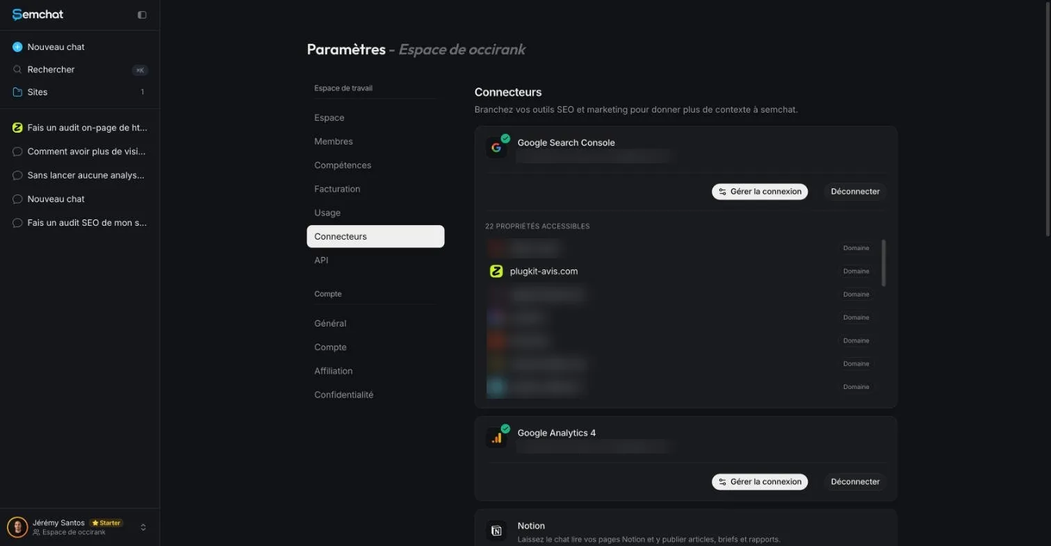 SemChat connectors page where Search Console and Google Analytics get connected
