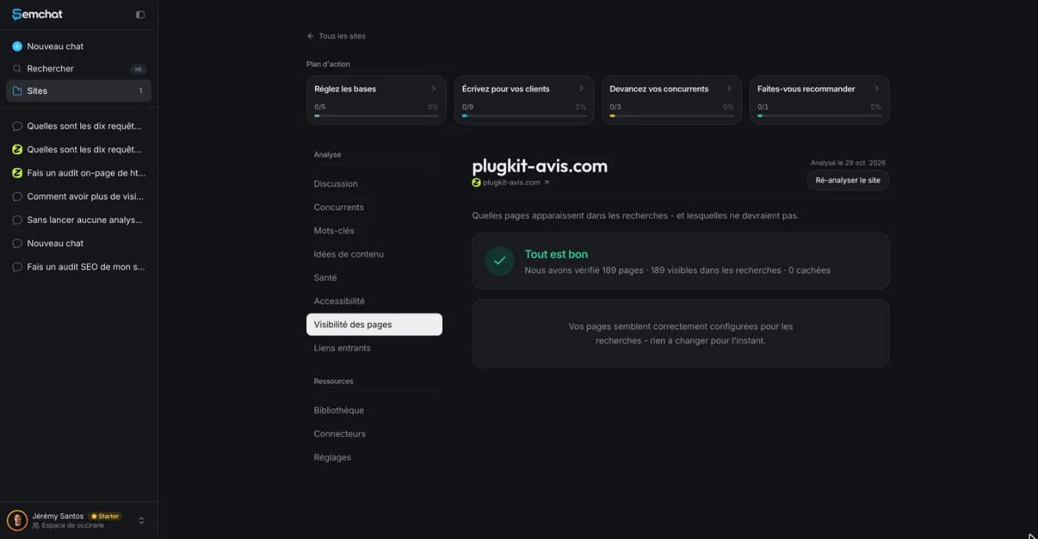 SemChat Page visibility tab reporting every checked page as visible in search