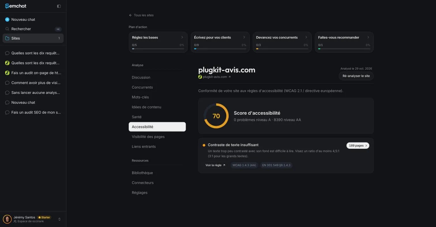 Onglet Accessibilité de SemChat avec un score et un problème de contraste du texte