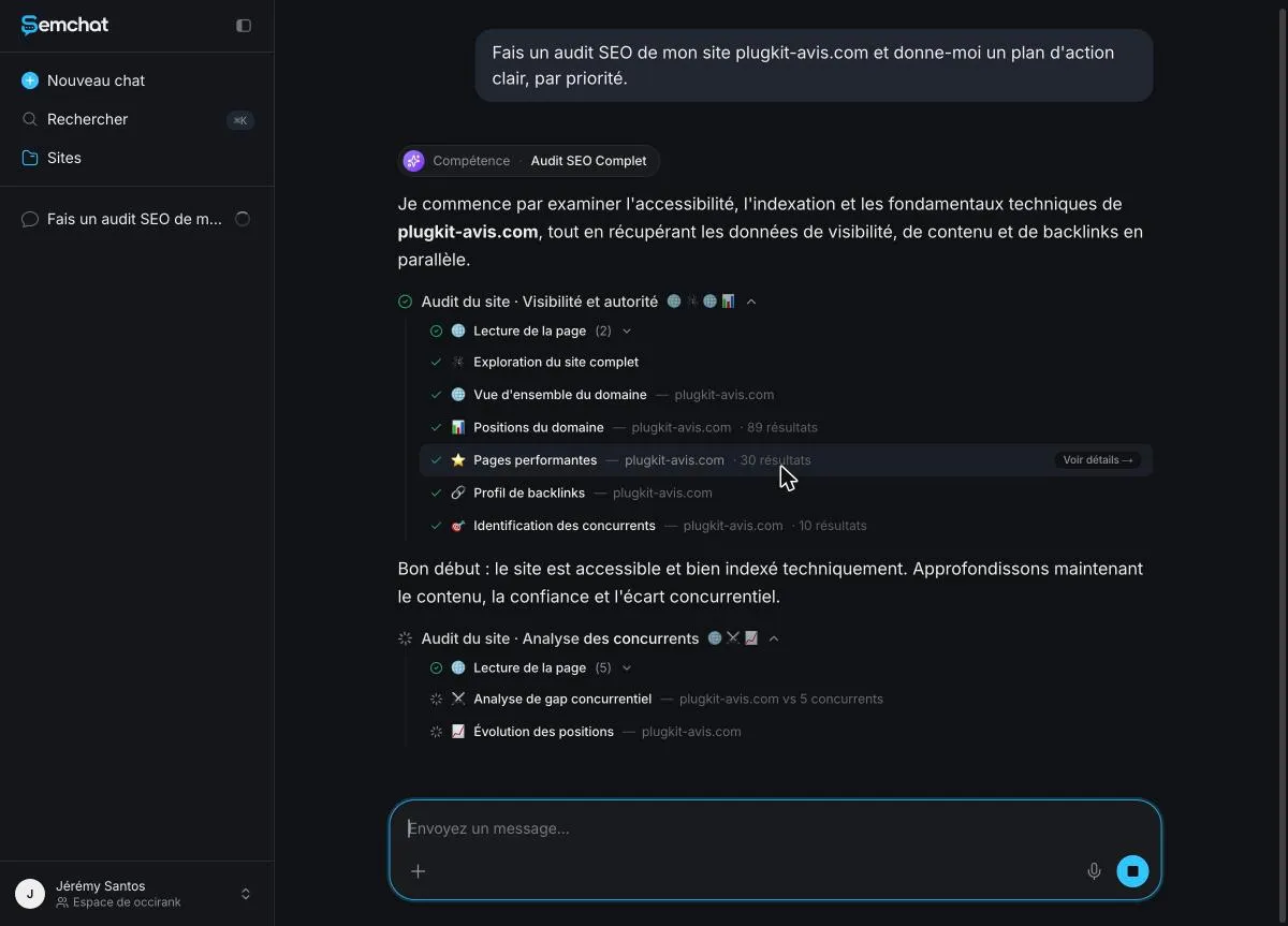 List of the steps and analysis tools SemChat ran while auditing the site