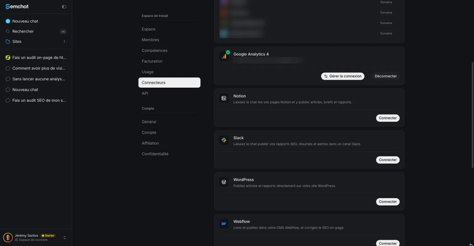 Liste des connecteurs de SemChat, dont WordPress et Webflow, avec leur bouton Connecter