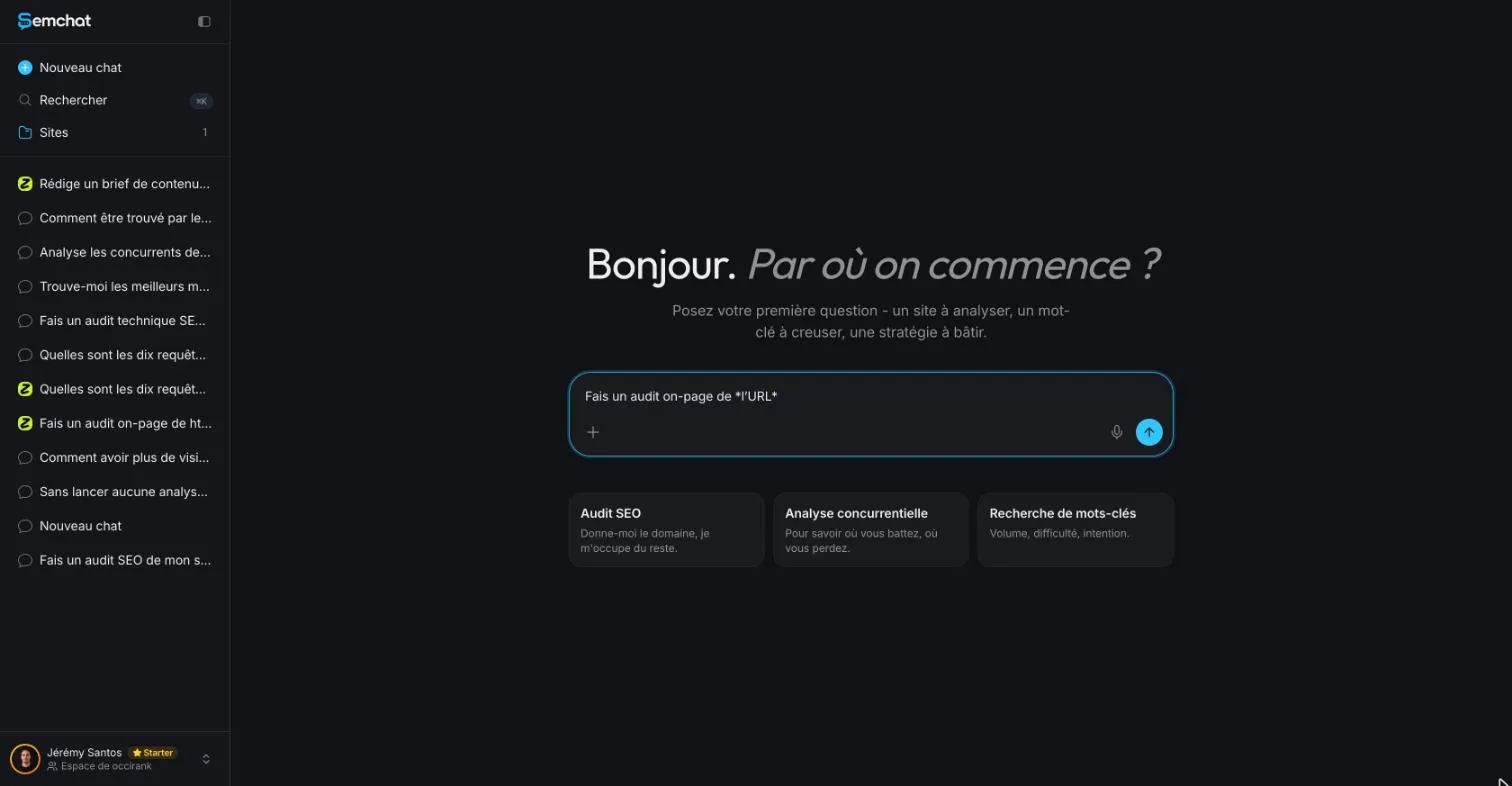 SemChat template sentence for an on-page audit, ready to complete with a page address