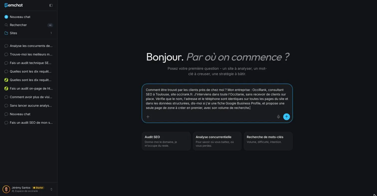 Champ de message de SemChat rempli avec une demande de diagnostic de SEO local
