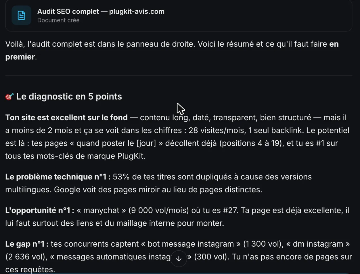 Diagnostic d'audit de SemChat qui signale des titres de pages dupliqués entre les langues