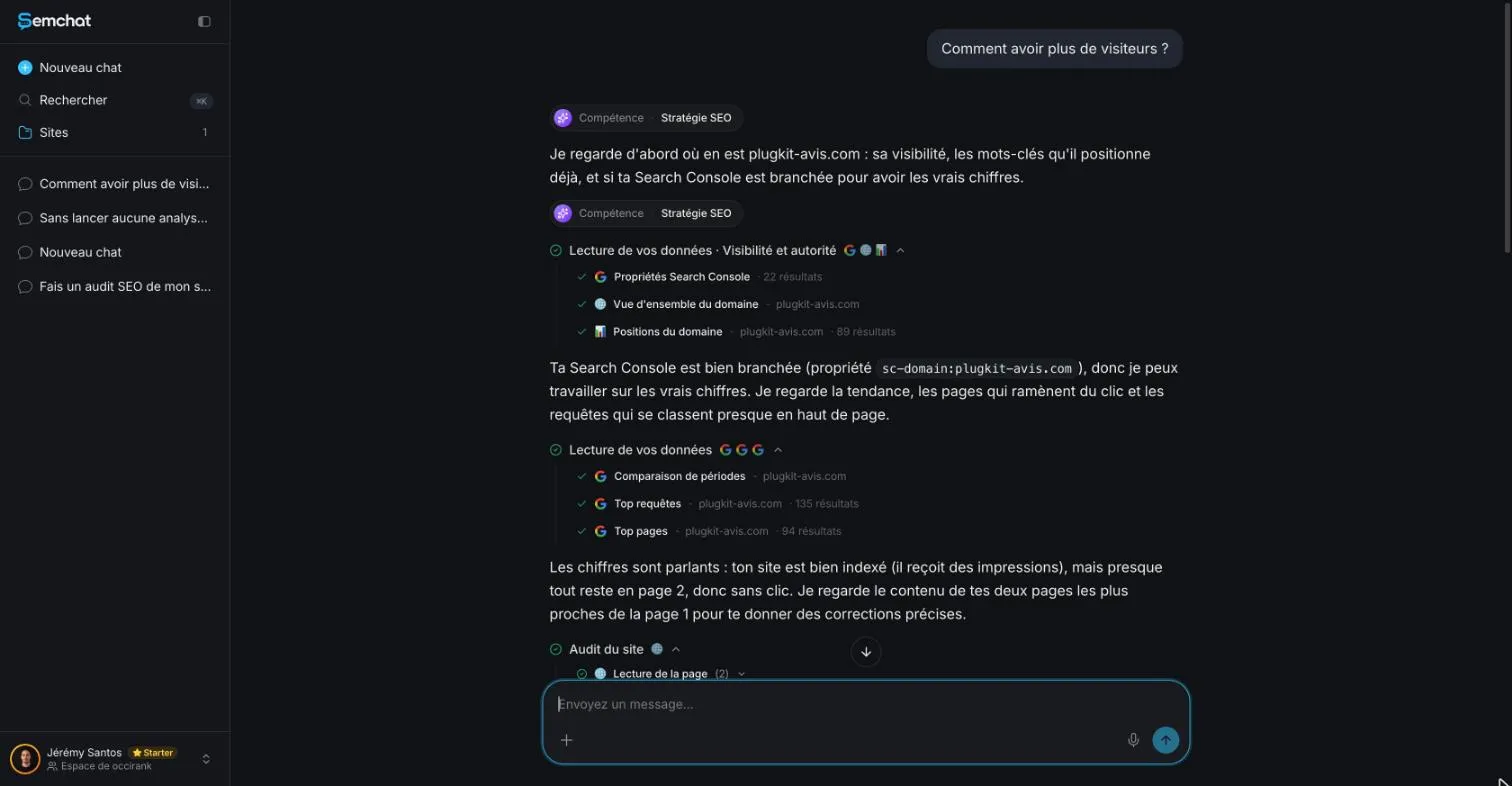 SemChat conversation reading Search Console queries and pages after checking the connection