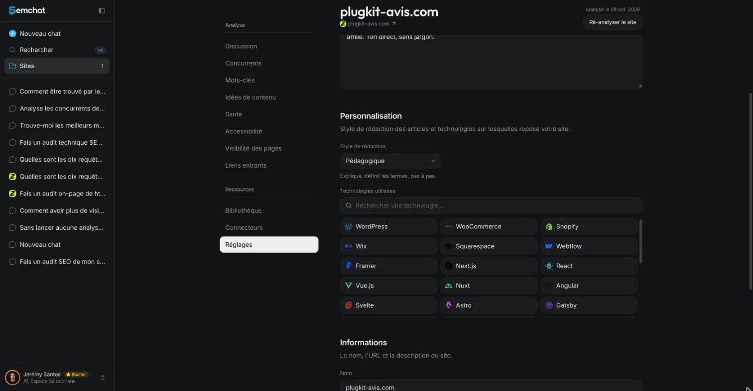 SemChat site settings with a teaching writing style selected for future content
