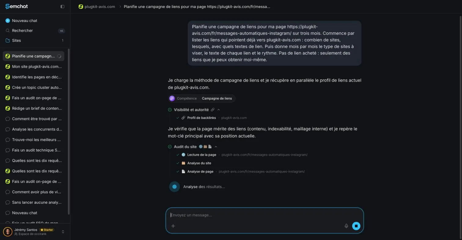 Outils lancés par SemChat : profil de backlinks, lecture et analyse de la page et du site