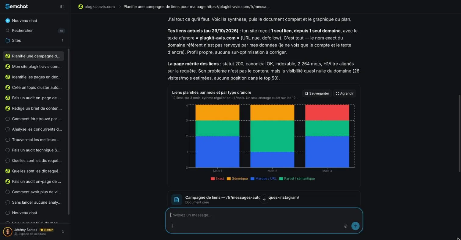 SemChat summary of a site's current backlinks, judged clean, next to a growth chart