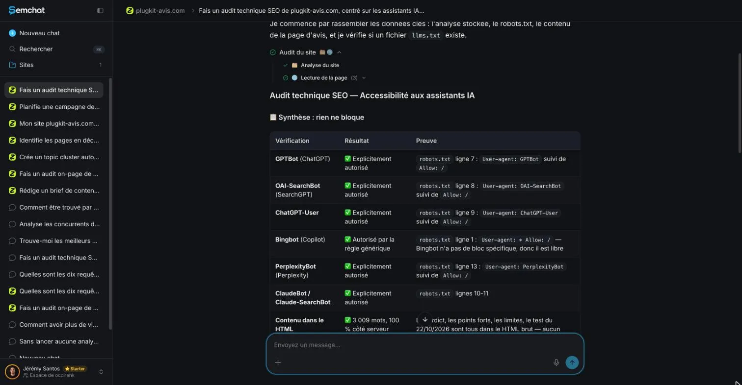 SemChat technical audit listing the tools it ran and its summary with proof