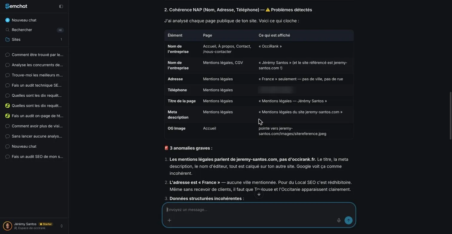 Tableau de SemChat qui compare le nom, l'adresse et le téléphone sur les pages d'un site