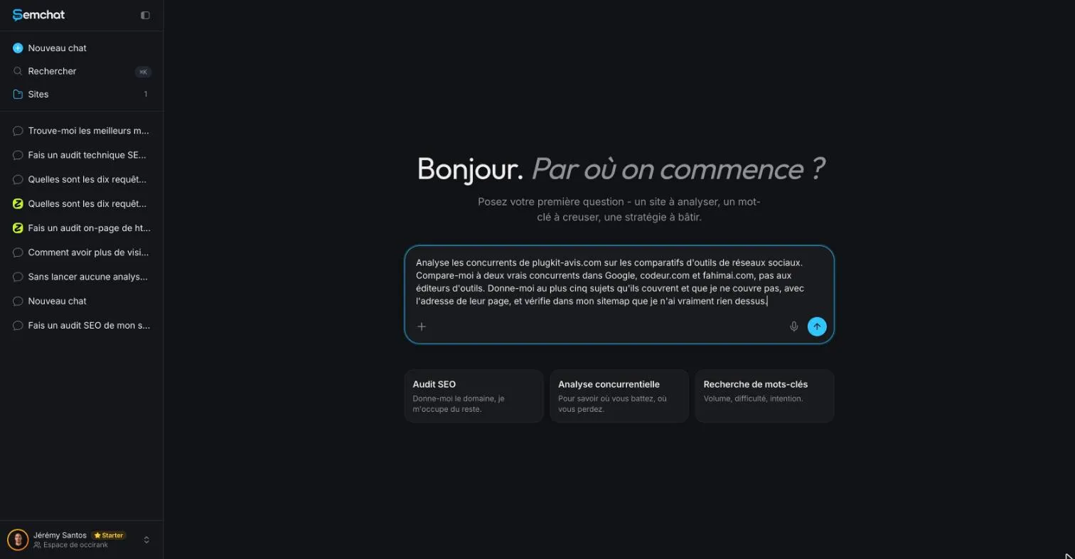 SemChat message box with a request that names two real competitors found in Google