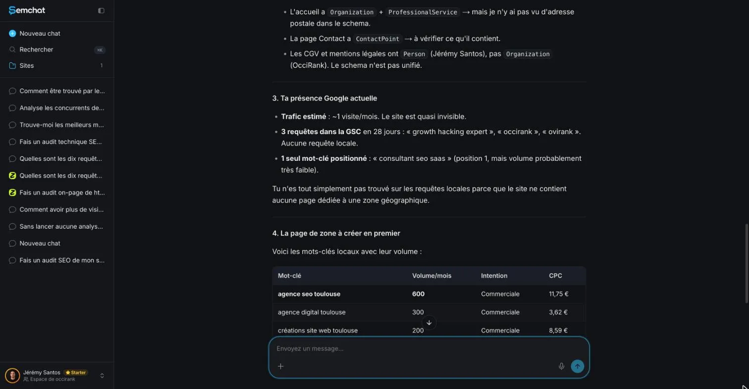 Réponse de SemChat sur les données structurées d'un site et sa présence actuelle dans Google