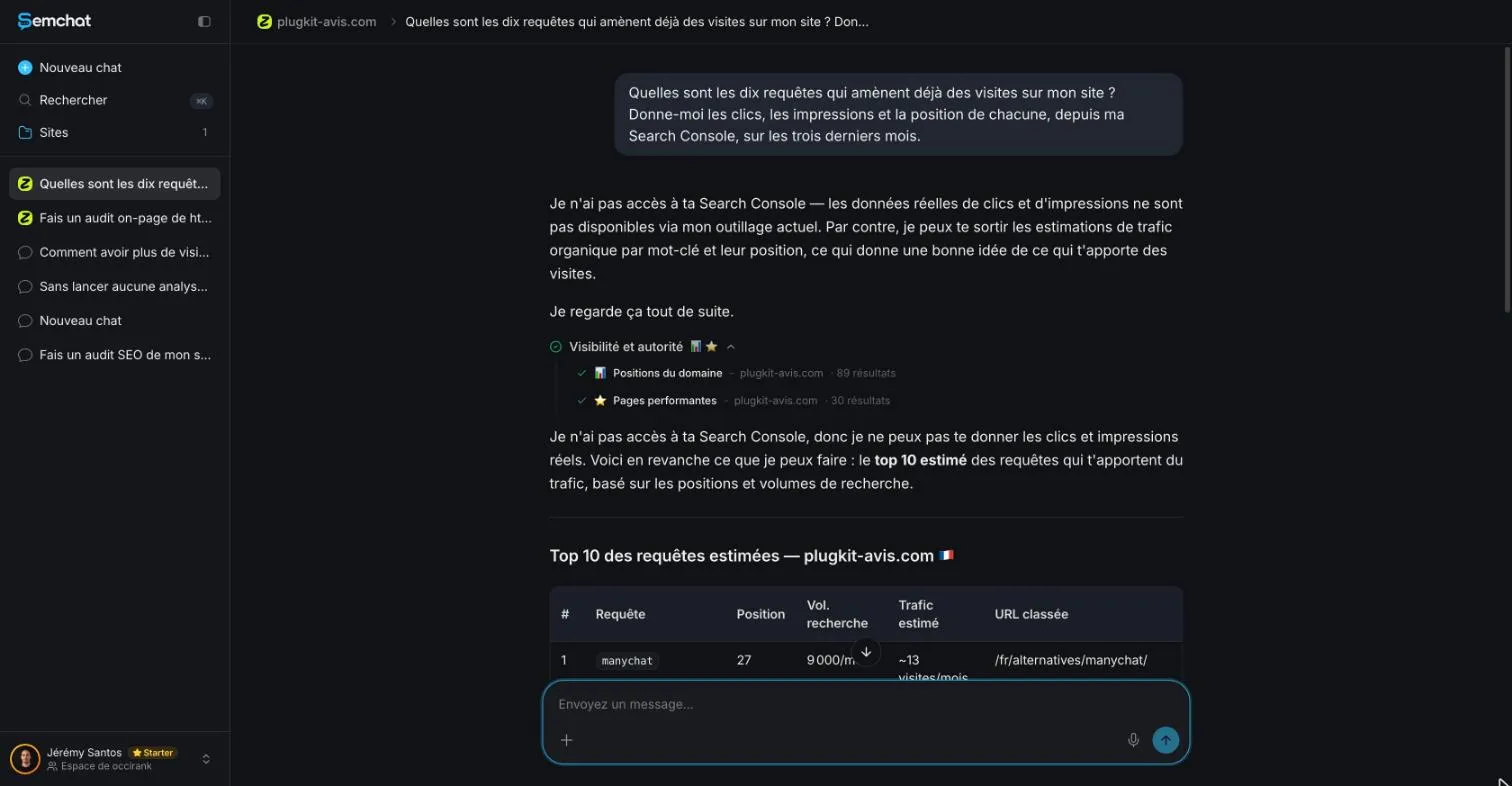 SemChat site chat replying that it cannot access Search Console and offering estimates instead