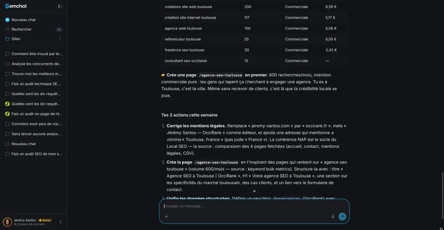 Réponse de SemChat qui propose une page de zone pour Toulouse et trois actions à mener