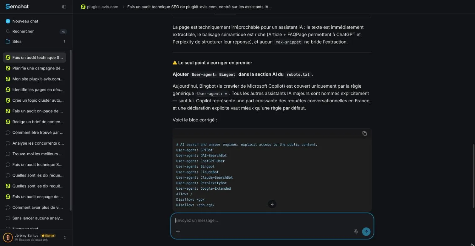 Réponse de SemChat qui affirme sans source la part croissante de Copilot en France