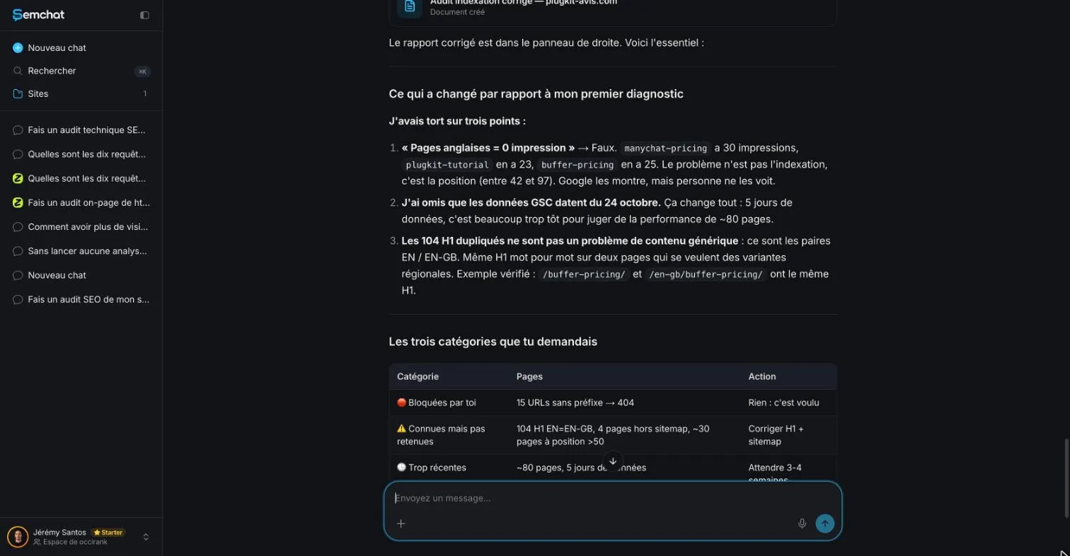 Réponse de SemChat qui reconnaît trois erreurs de son premier diagnostic d'indexation