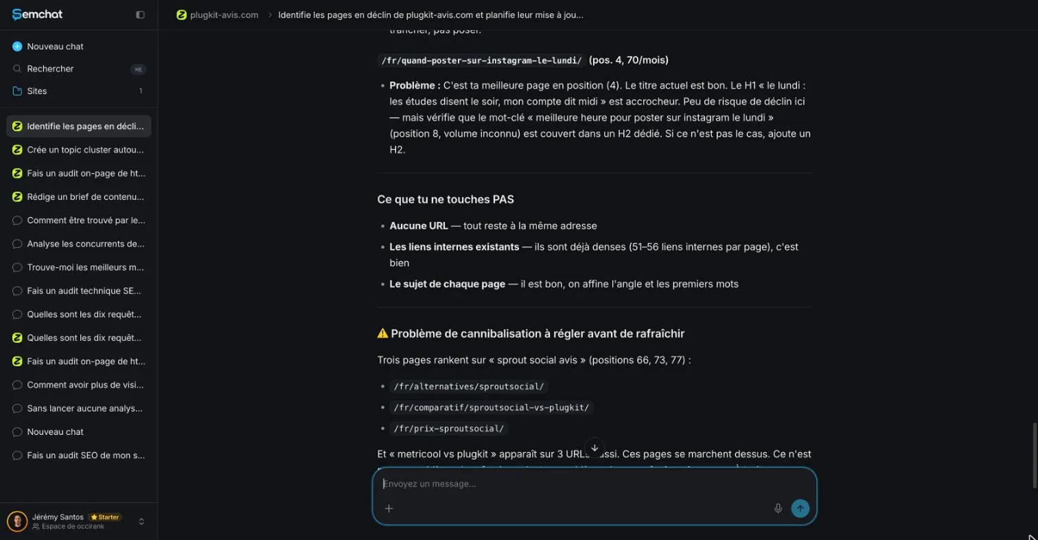 Réponse de SemChat qui liste ce qu'il ne faut pas changer sur une page à rafraîchir