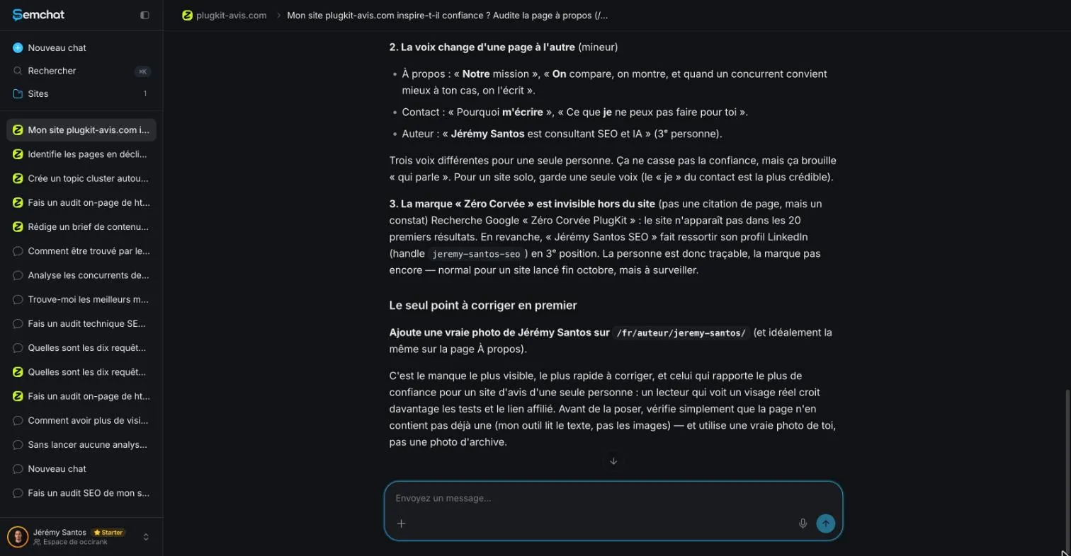 End of SemChat's EEAT audit, with its caveat that its tool cannot see images