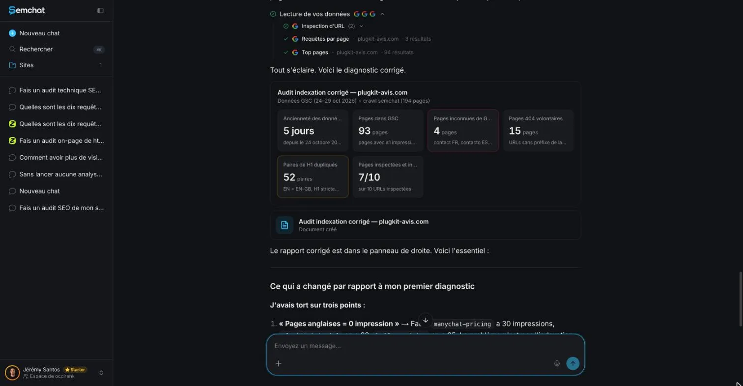 Audit d'indexation corrigé par SemChat : pages vues dans la Search Console et pages inconnues