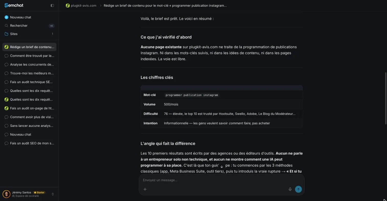 Chiffres clés du brief de SemChat : volume, difficulté et intention du mot-clé