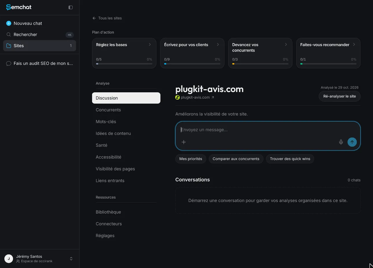 SemChat site page for plugkit-avis.com, with the incoming links tab in the Analysis menu