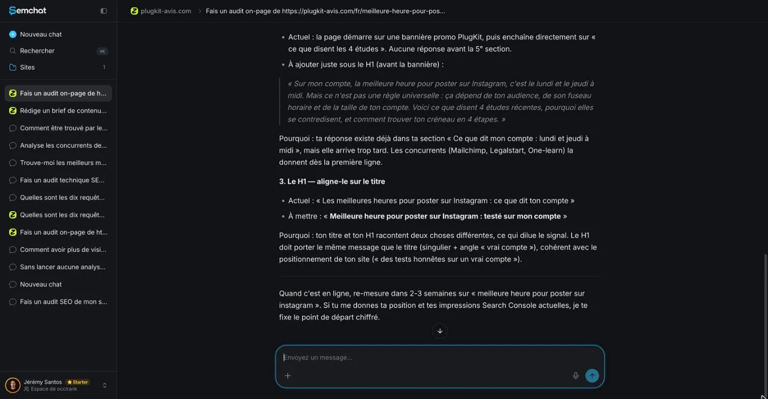 Réponse de SemChat qui propose un nouveau titre principal aligné sur la balise title