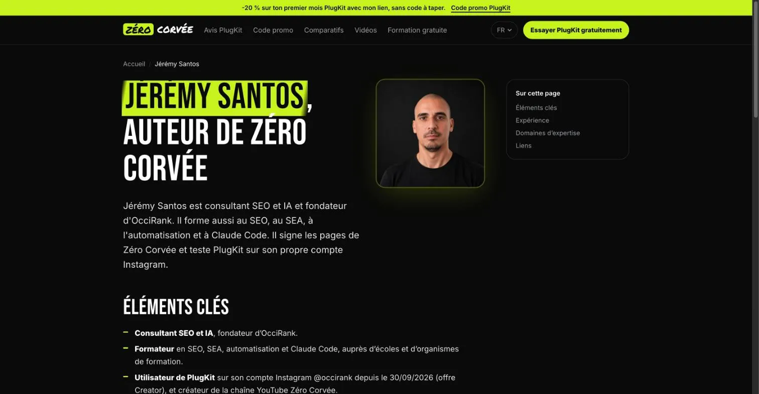Author page of Jérémy Santos on plugkit-avis.com, with his portrait next to the title