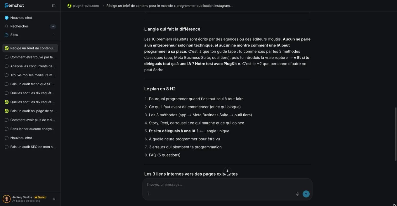 Brief rédactionnel de SemChat avec l'angle de la page et un plan en huit intertitres