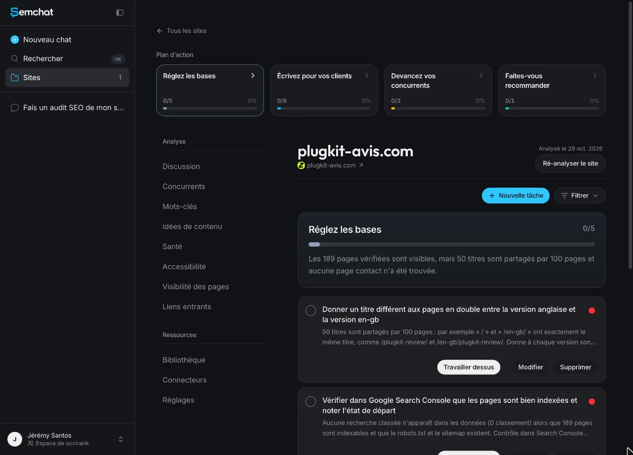 Plan d'action de SemChat rangé en quatre étapes sur la fiche du site audité