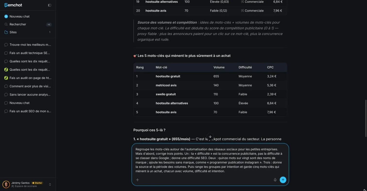 SemChat keyword table before correction, with a follow-up message listing three fixes