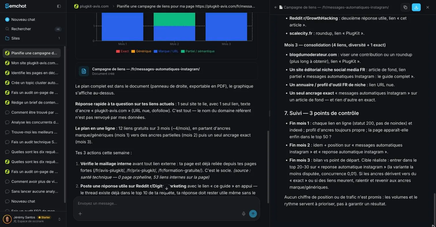 Plan de SemChat qui précise qu'aucun chiffre de position ni de trafic n'est promis