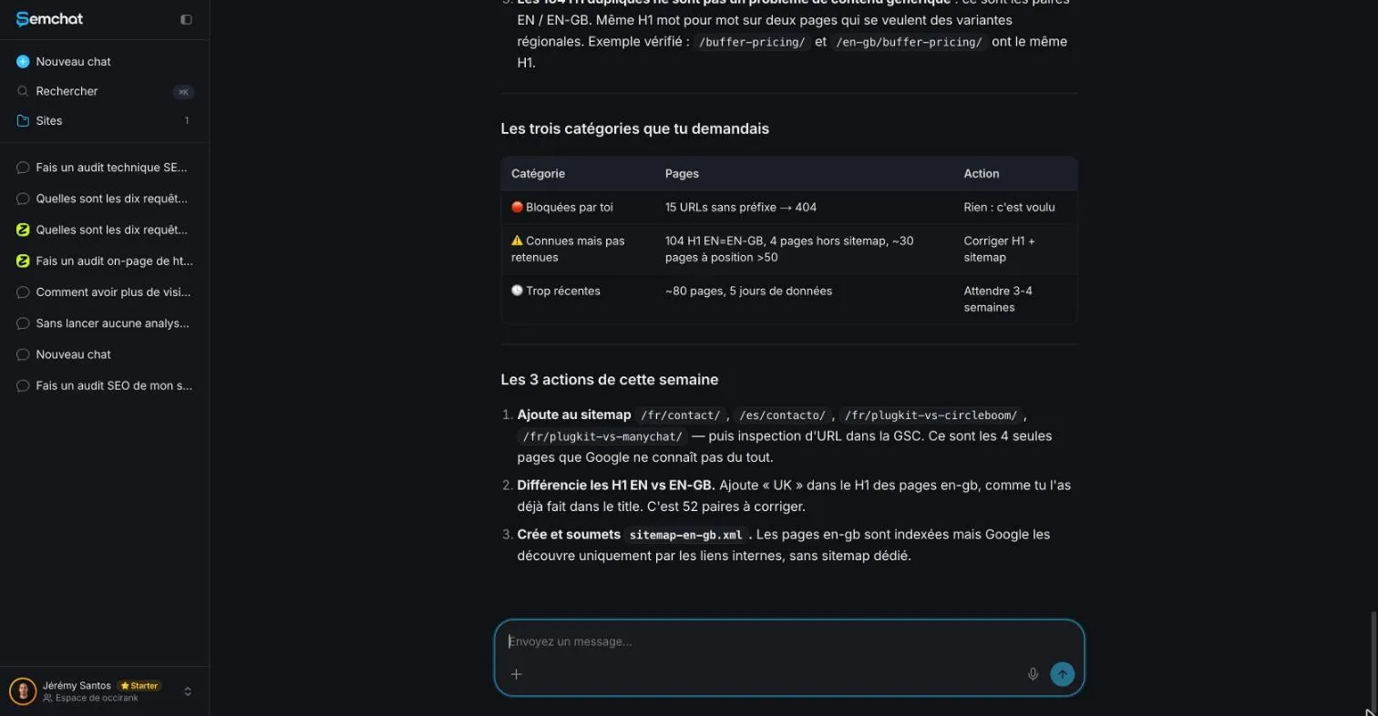 Trois actions proposées par SemChat, dont ajouter des pages au sitemap et en créer un
