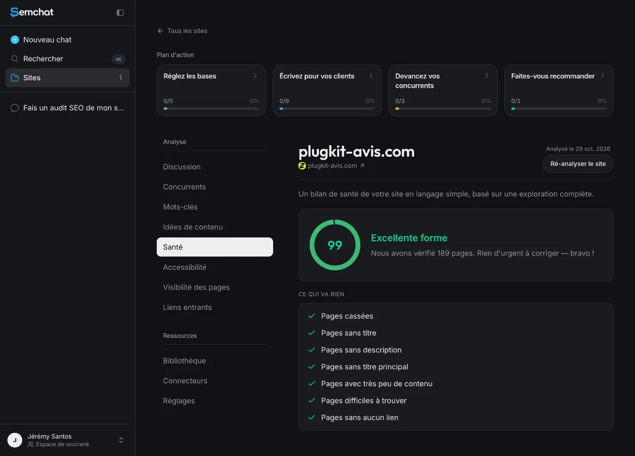 Onglet Santé de SemChat avec un score de 99 et aucun problème urgent sur plugkit-avis.com
