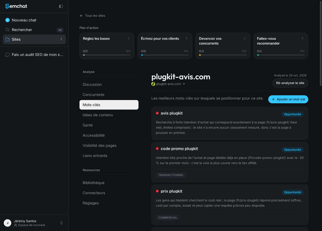 SemChat Keywords tab listing keywords to target, each with a short justification