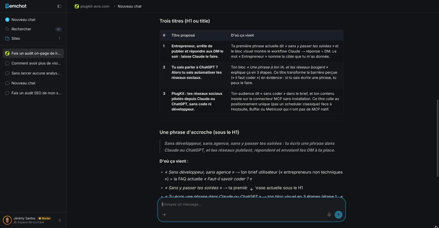 SemChat suggesting several page titles, each with the source it was drawn from