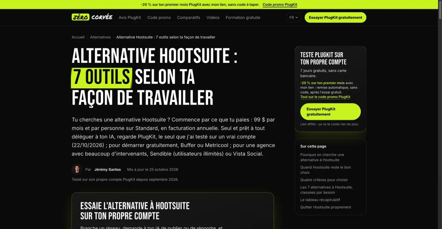 Hootsuite alternatives page on plugkit-avis.com, already online before SemChat's suggestion