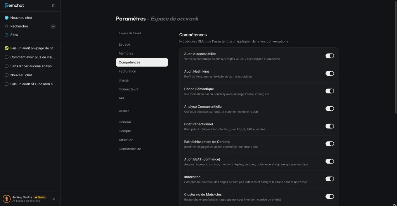 SemChat's list of skills in the workspace settings, with the accessibility audit first