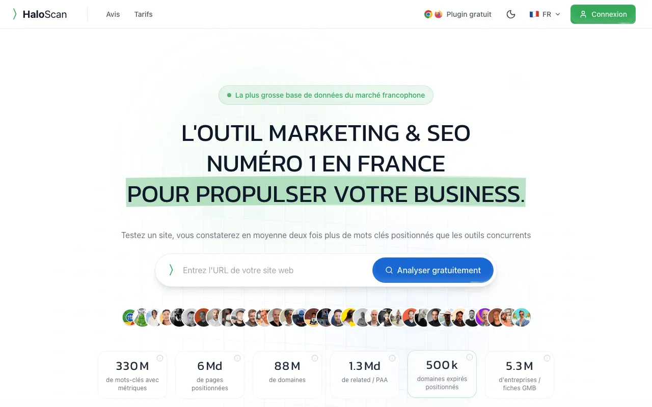 Page d'accueil d'Haloscan qui présente son outil d'analyse des mots-clés et des sites