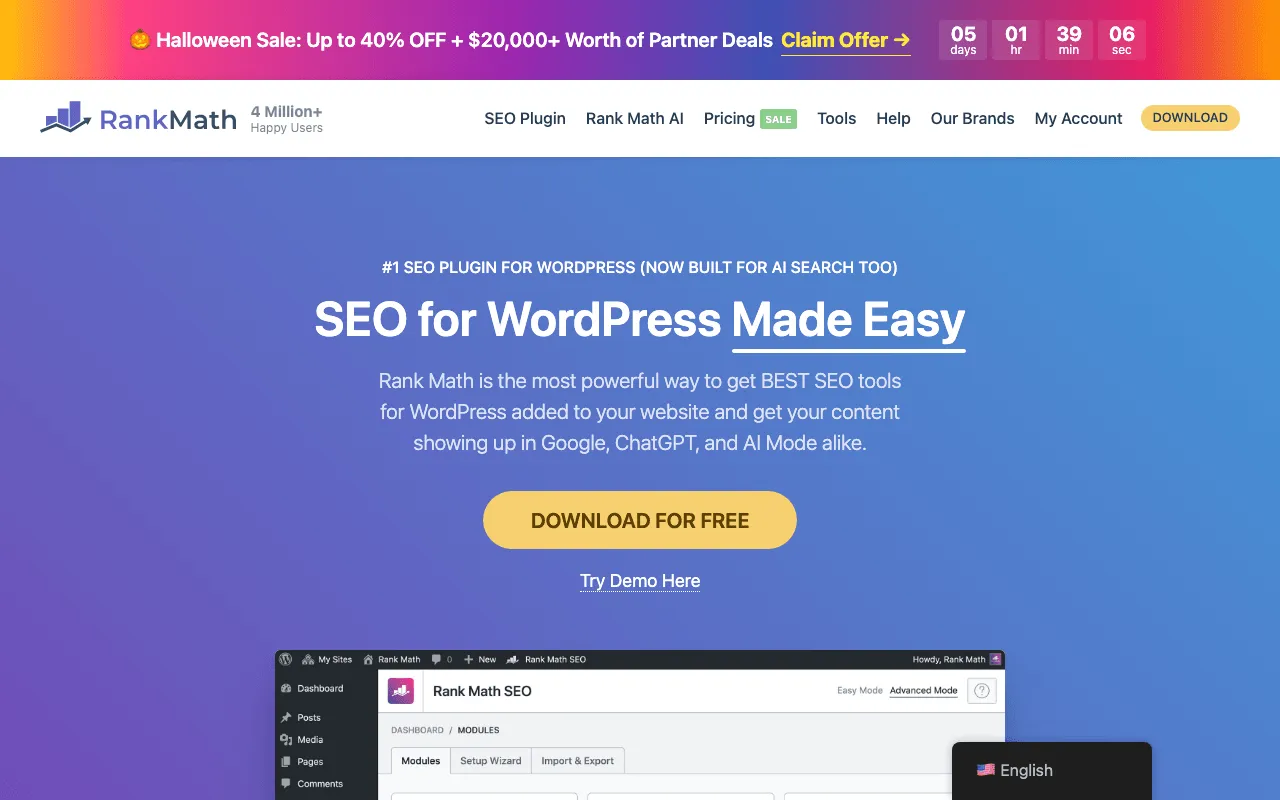 Public home page of Rank Math, an SEO plugin for WordPress sites