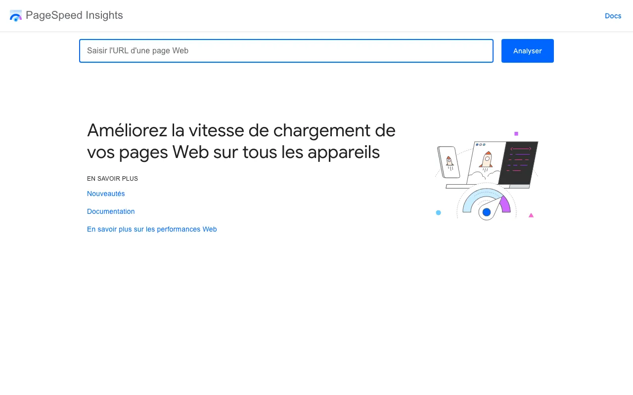 Page d’accueil de PageSpeed Insights, où l’on colle l’adresse d’une page à tester