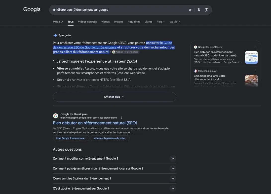 Résultats de Google pour la recherche « améliorer son référencement sur google »