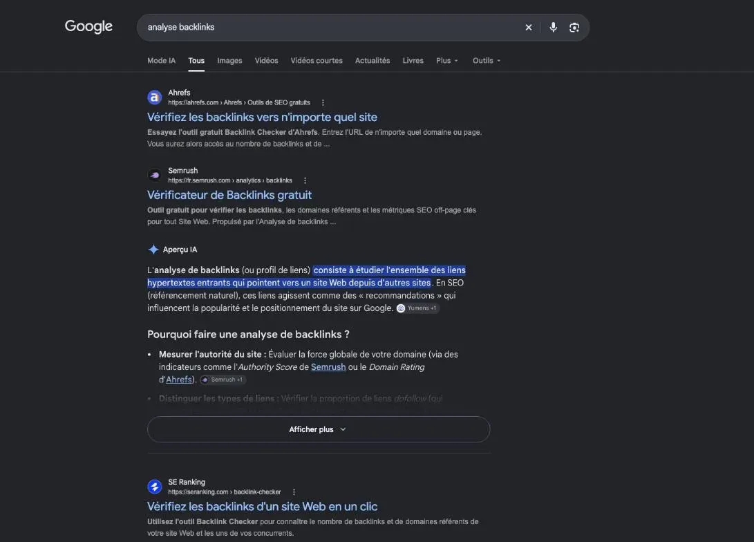 Résultats de Google pour la recherche « analyse backlinks »