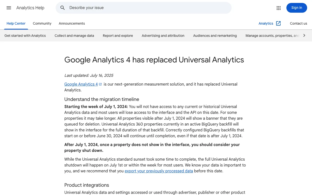 What is GA4: Google Analytics help page announcing that Google Analytics 4 has replaced Universal Analytics