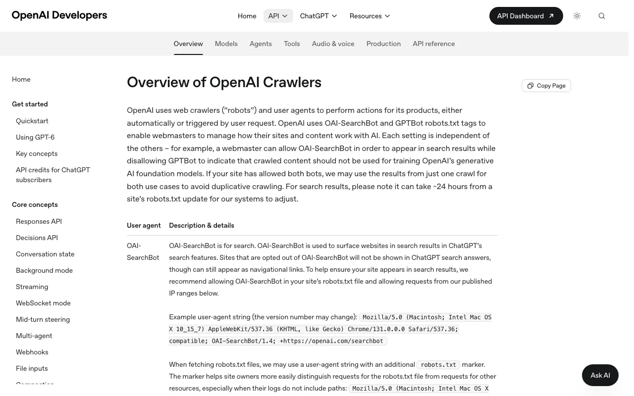 OpenAI documentation page listing its crawlers and what each one is used for
