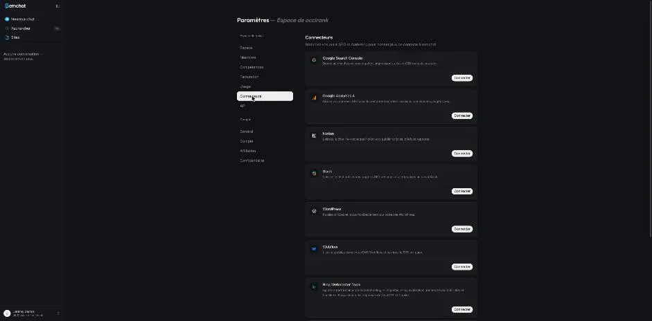 Écran des connecteurs de SemChat : Search Console, Analytics, Notion, Slack, WordPress, Webflow, Bing