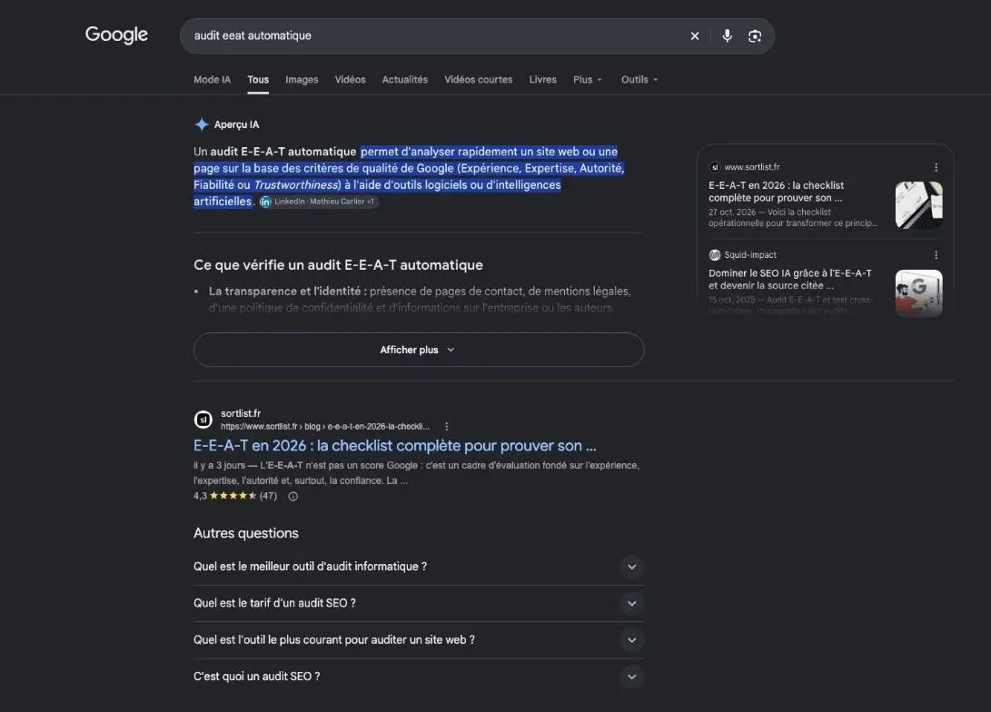 Résultats de Google pour la recherche « audit eeat automatique »