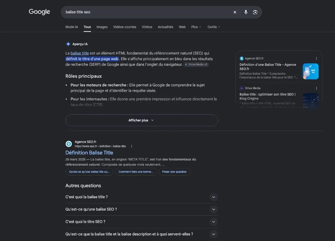Résultats de Google pour la recherche « balise title seo »