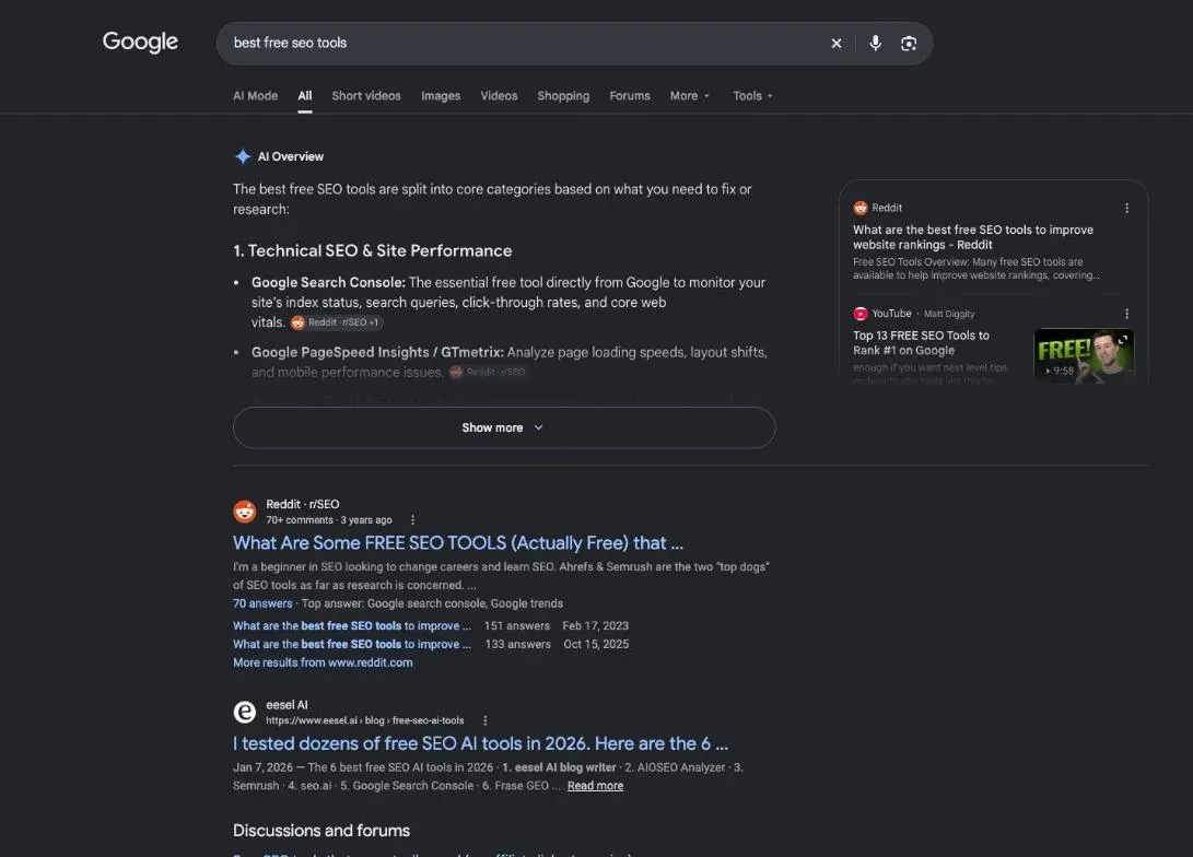 Google results for the search "best free seo tools"